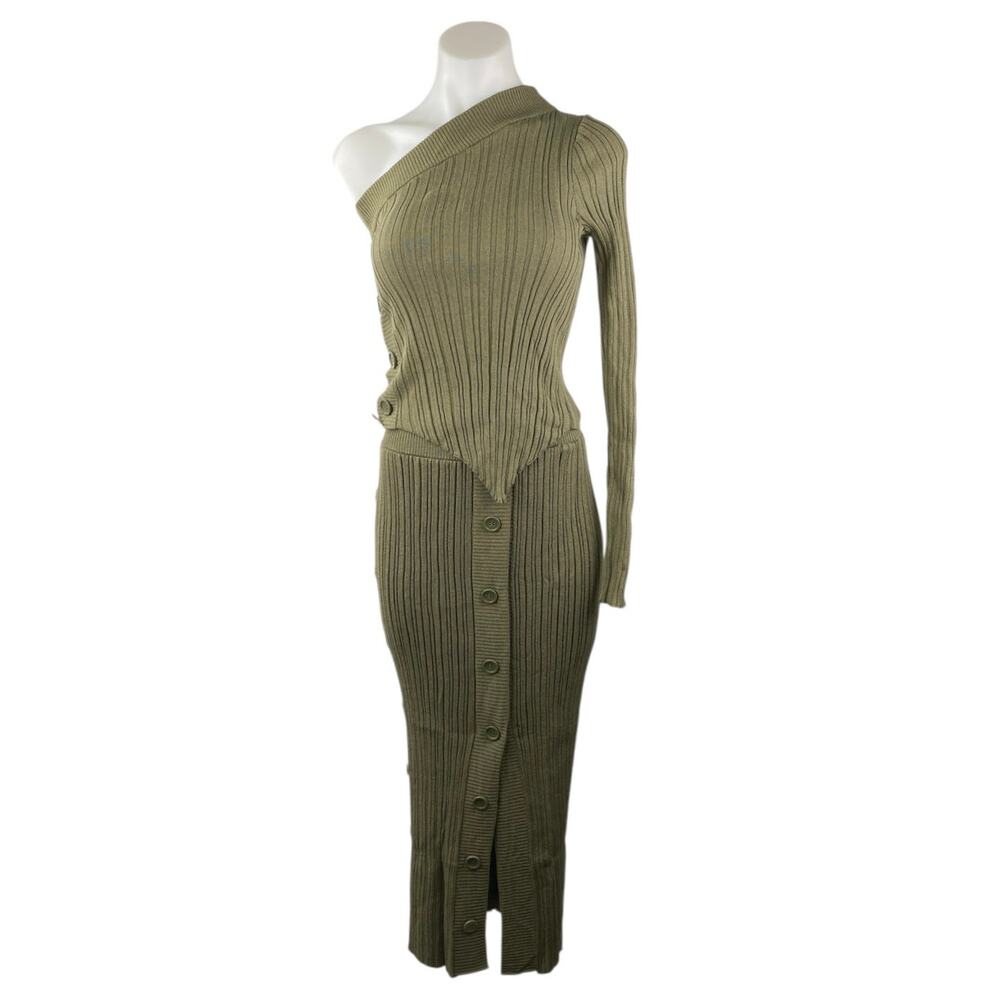 NEW Mango MNG Sally Green Rib Knit One Shoulder Long Sleeve Button Skirt Set S